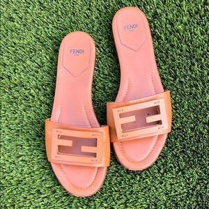 Fendi Pink and Tan Leather Slide Sandals